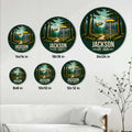 Disc golf metal sign size guide showing round sign options from 8 by 8 to 24 by 24 inches