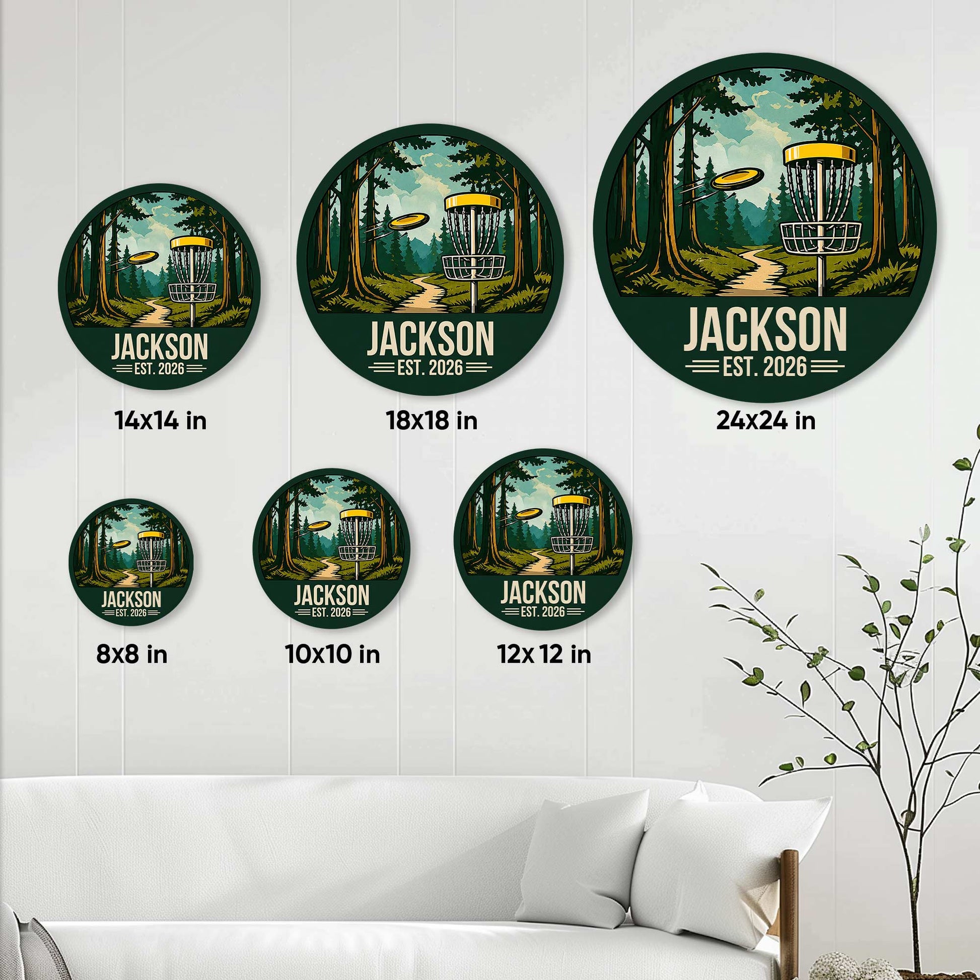 Disc golf metal sign size guide showing round sign options from 8 by 8 to 24 by 24 inches