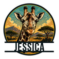 Custom giraffe metal sign featuring a detailed giraffe portrait against an African savanna landscape