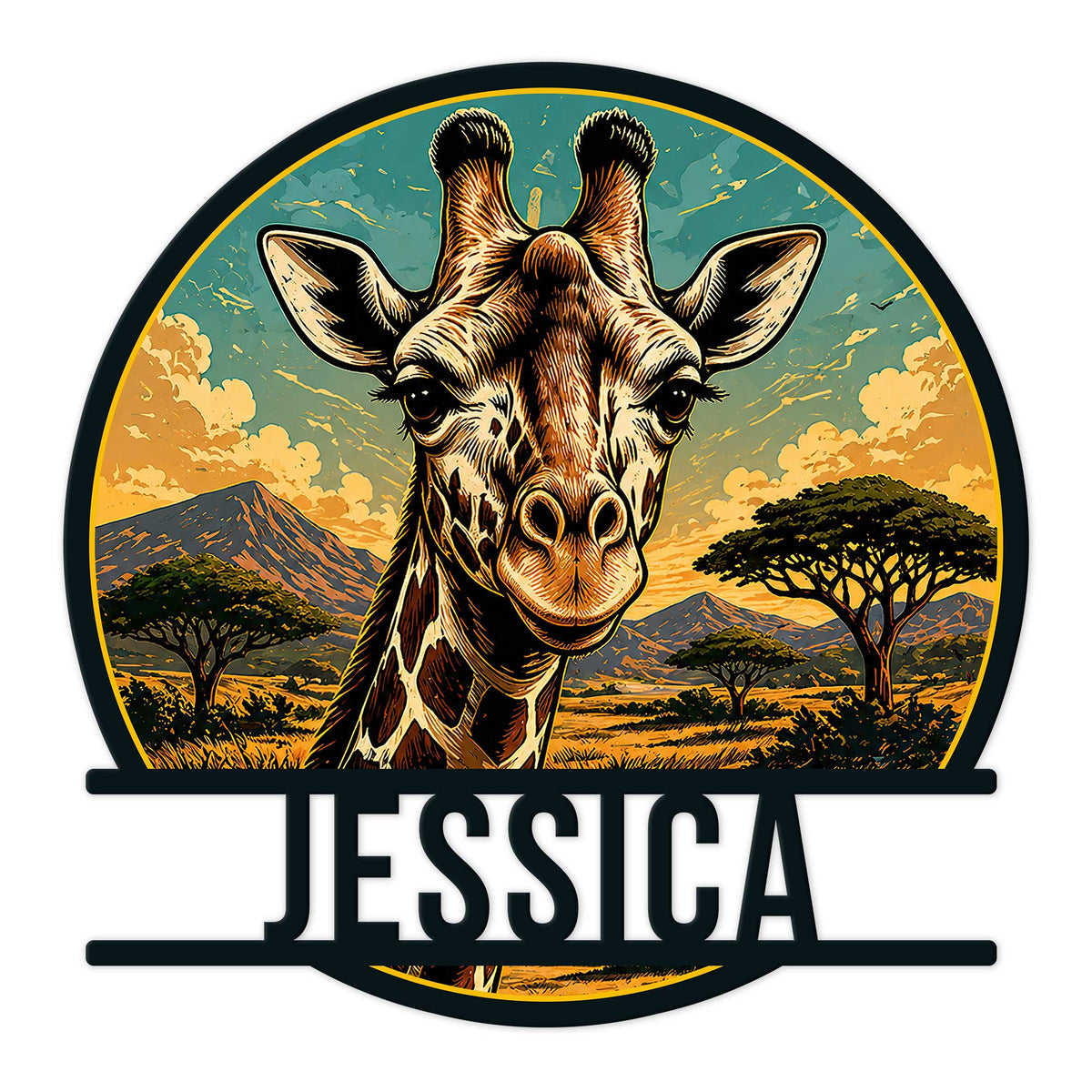 Custom giraffe metal sign featuring a detailed giraffe portrait against an African savanna landscape