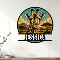 Giraffe wall decor displayed on white paneling in a bright home interior