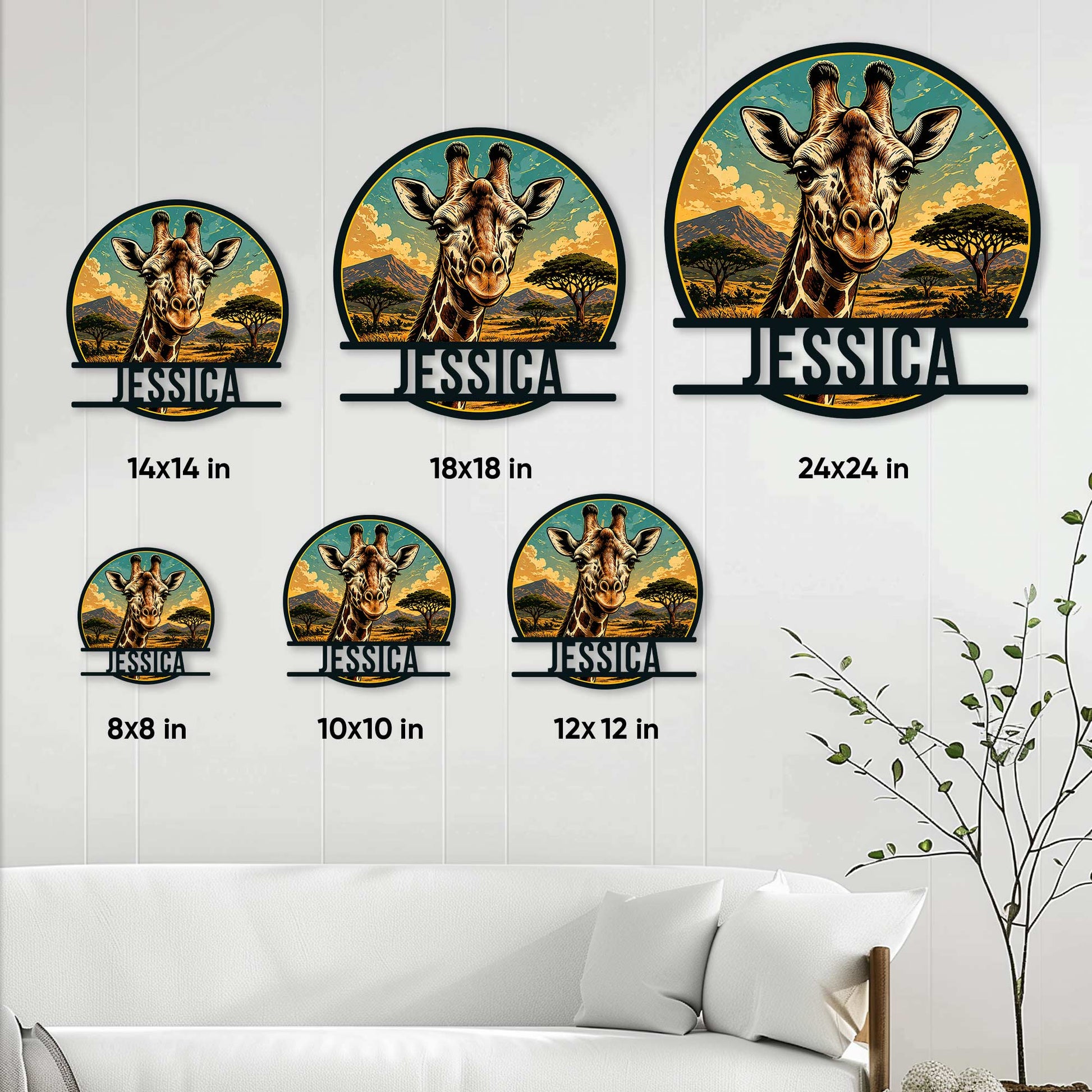 Giraffe metal sign size guide showing available square sizes from 8 by 8 to 24 by 24 inches