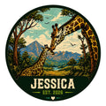 Custom giraffe metal sign featuring an adult and young giraffe in a mountain safari landscape
