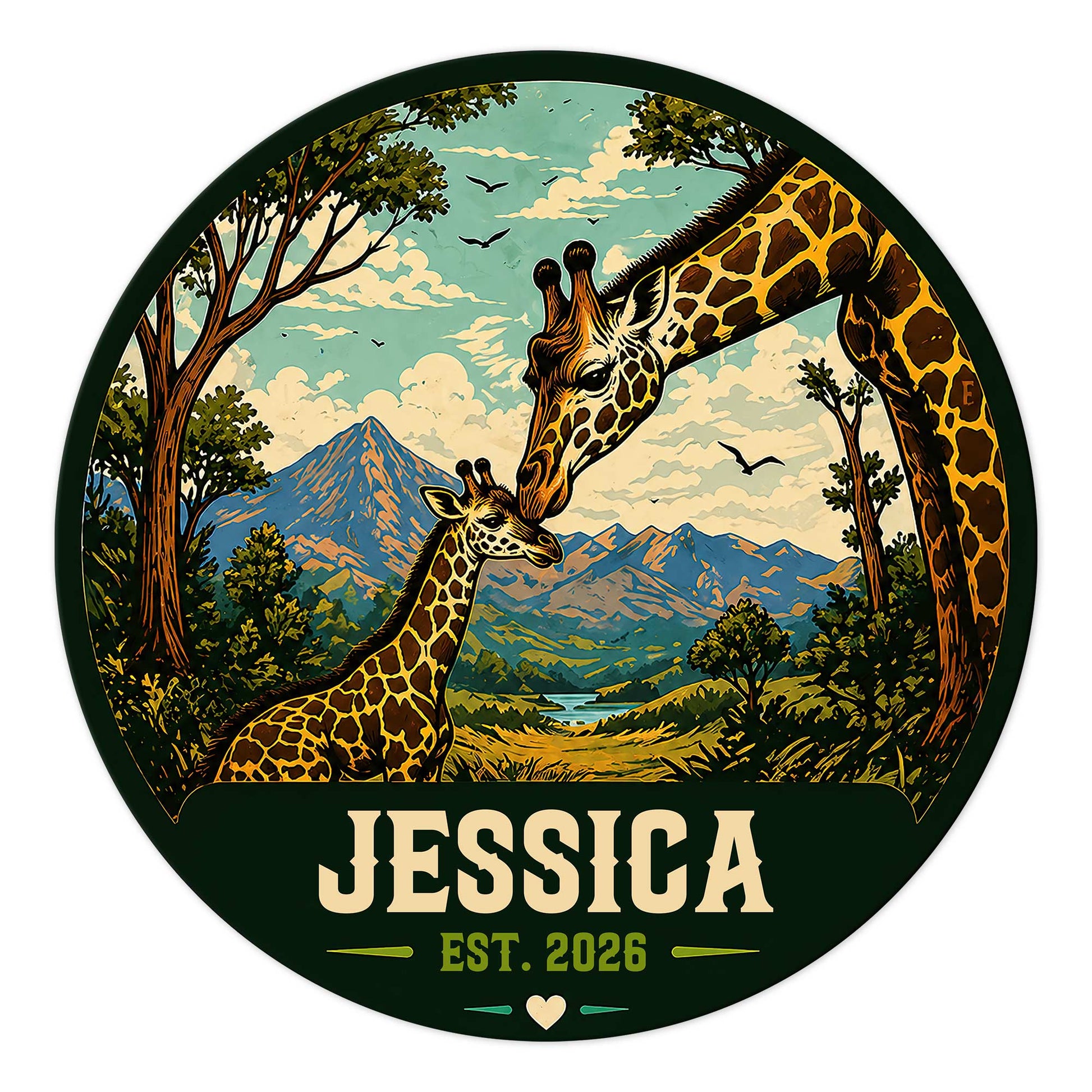 Custom giraffe metal sign featuring an adult and young giraffe in a mountain safari landscape