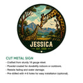 Giraffe metal sign feature graphic showing colorful safari artwork and cut-metal sign construction