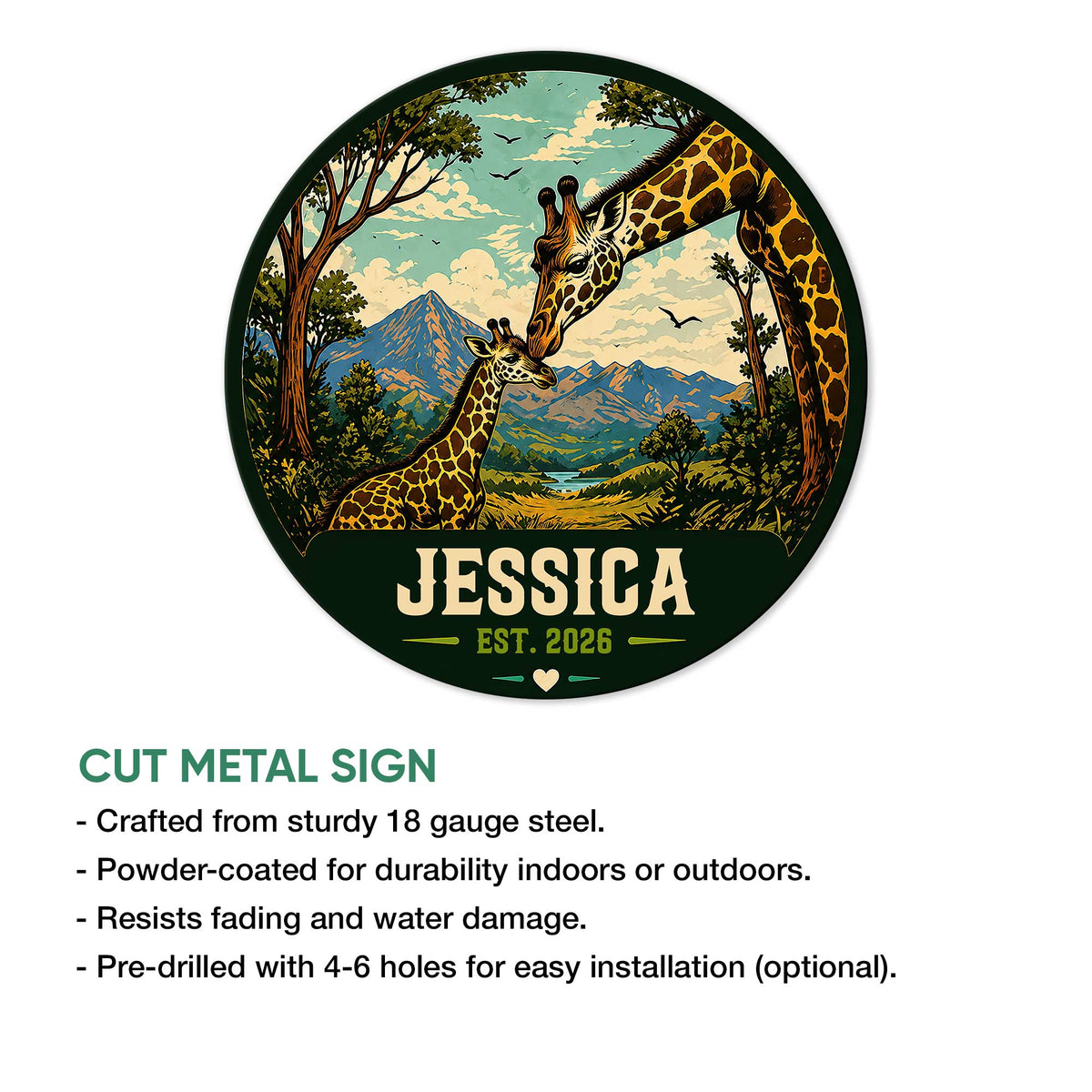 Giraffe metal sign feature graphic showing colorful safari artwork and cut-metal sign construction