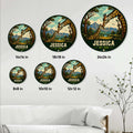 Giraffe metal sign size guide showing several round size options in a bright living room setting