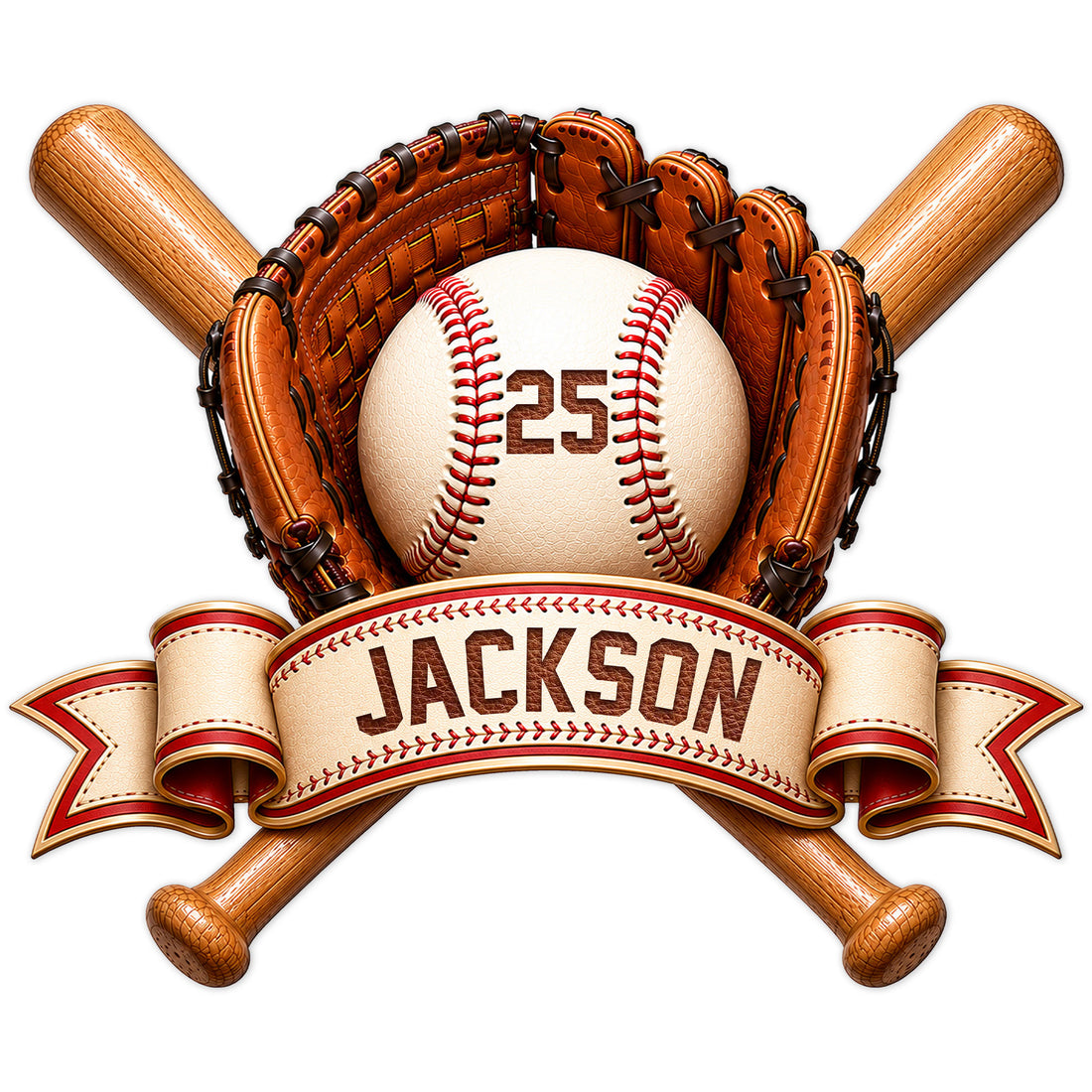 Custom baseball metal sign featuring a baseball, crossed bats, leather gloves, and a banner design