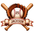 Custom baseball metal sign featuring a baseball, crossed bats, leather gloves, and a banner design