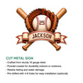 Baseball metal sign shown with crossed bats, gloves, baseball, banner artwork, and product feature details