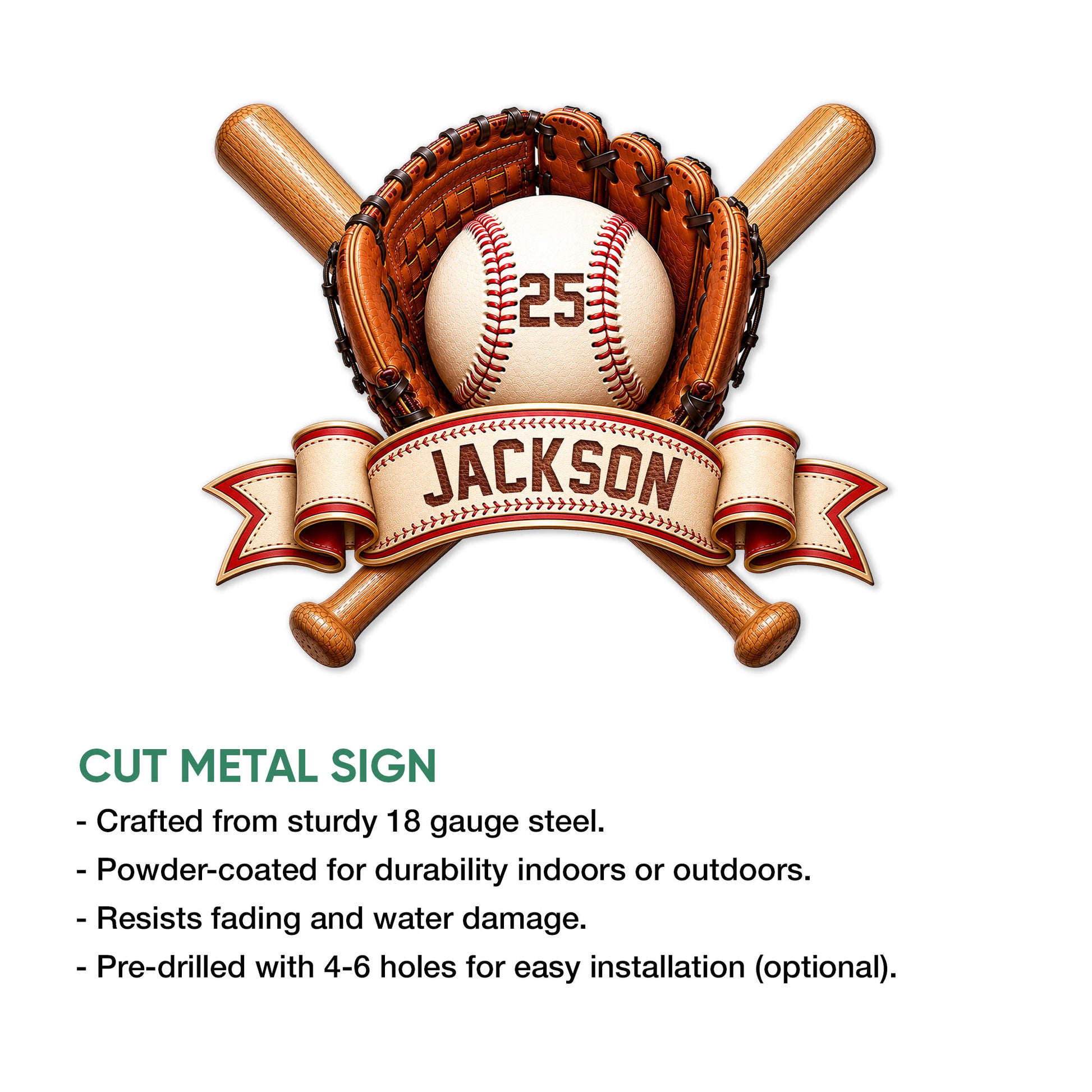 Baseball metal sign shown with crossed bats, gloves, baseball, banner artwork, and product feature details