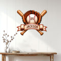 Baseball wall sign displayed above a console table in a bright home entryway