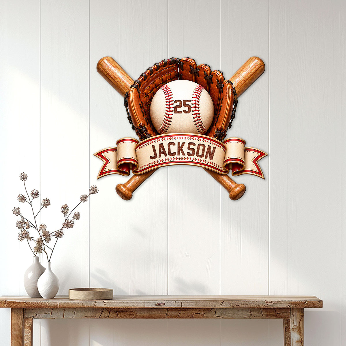 Baseball wall sign displayed above a console table in a bright home entryway