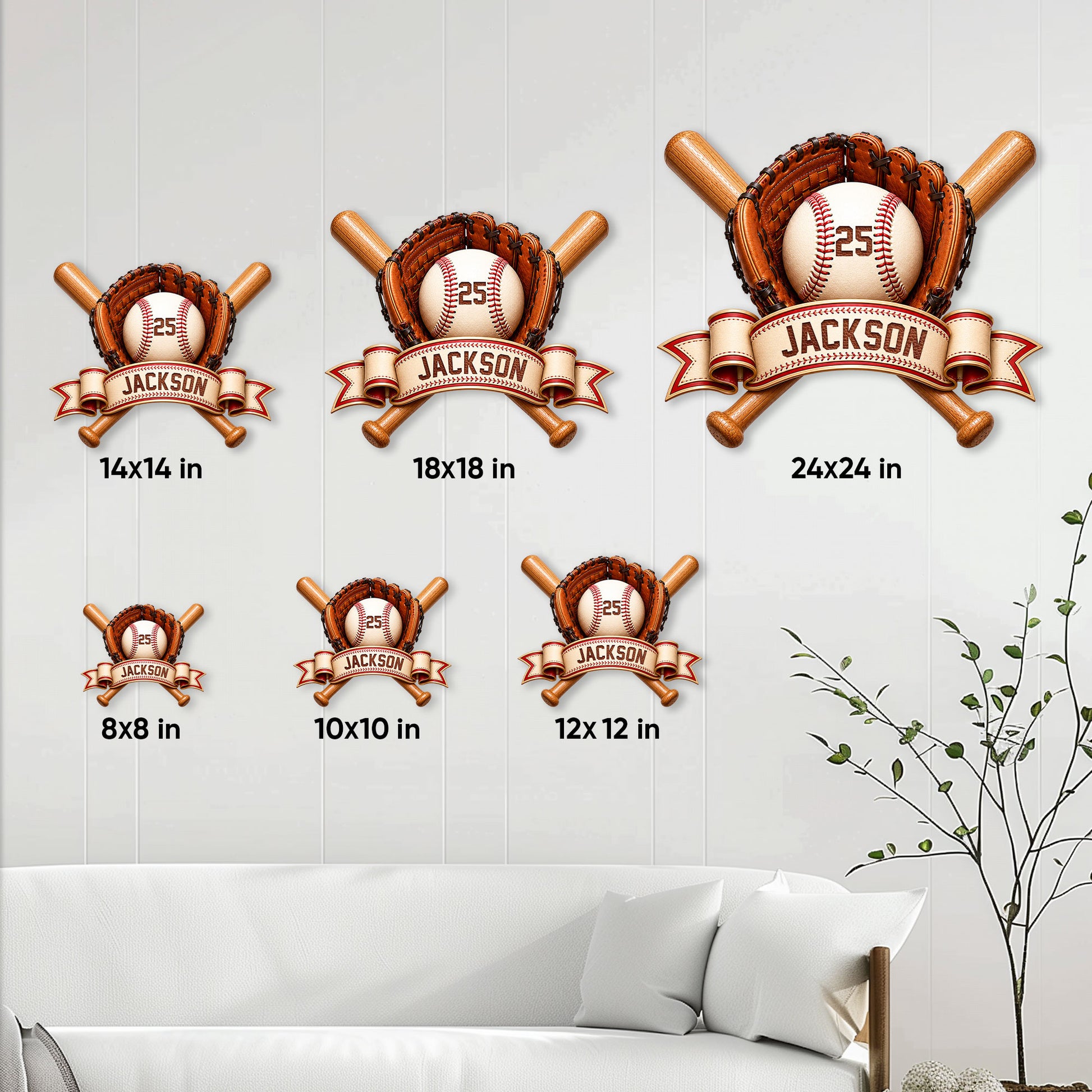 Baseball metal sign size guide showing options from 8 by 8 inches to 24 by 24 inches
