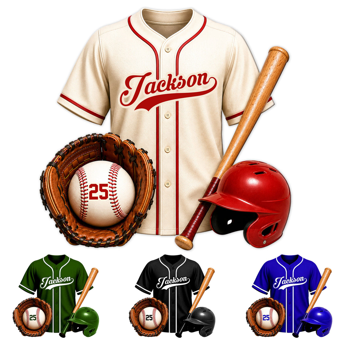 Custom baseball metal sign design with a jersey, glove, bat, baseball, and batting helmet in multiple colors