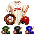Custom baseball metal sign design with a jersey, glove, bat, baseball, and batting helmet in multiple colors