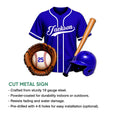 Blue baseball jersey metal sign shown with a glove, bat, ball, helmet, and cut metal sign features
