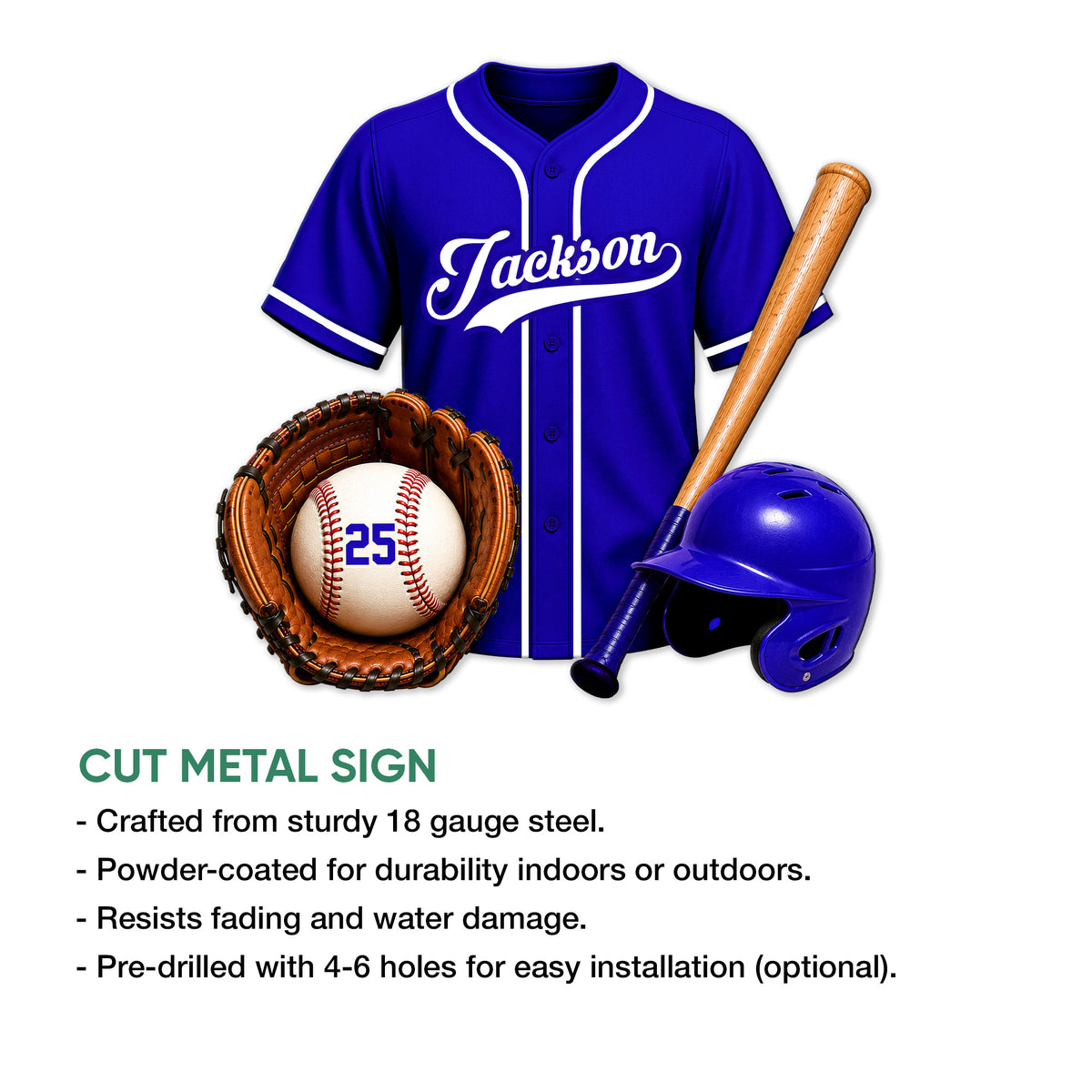 Blue baseball jersey metal sign shown with a glove, bat, ball, helmet, and cut metal sign features