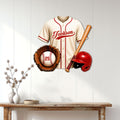 Baseball metal sign displayed on a light wood wall above a console table as sports room decor