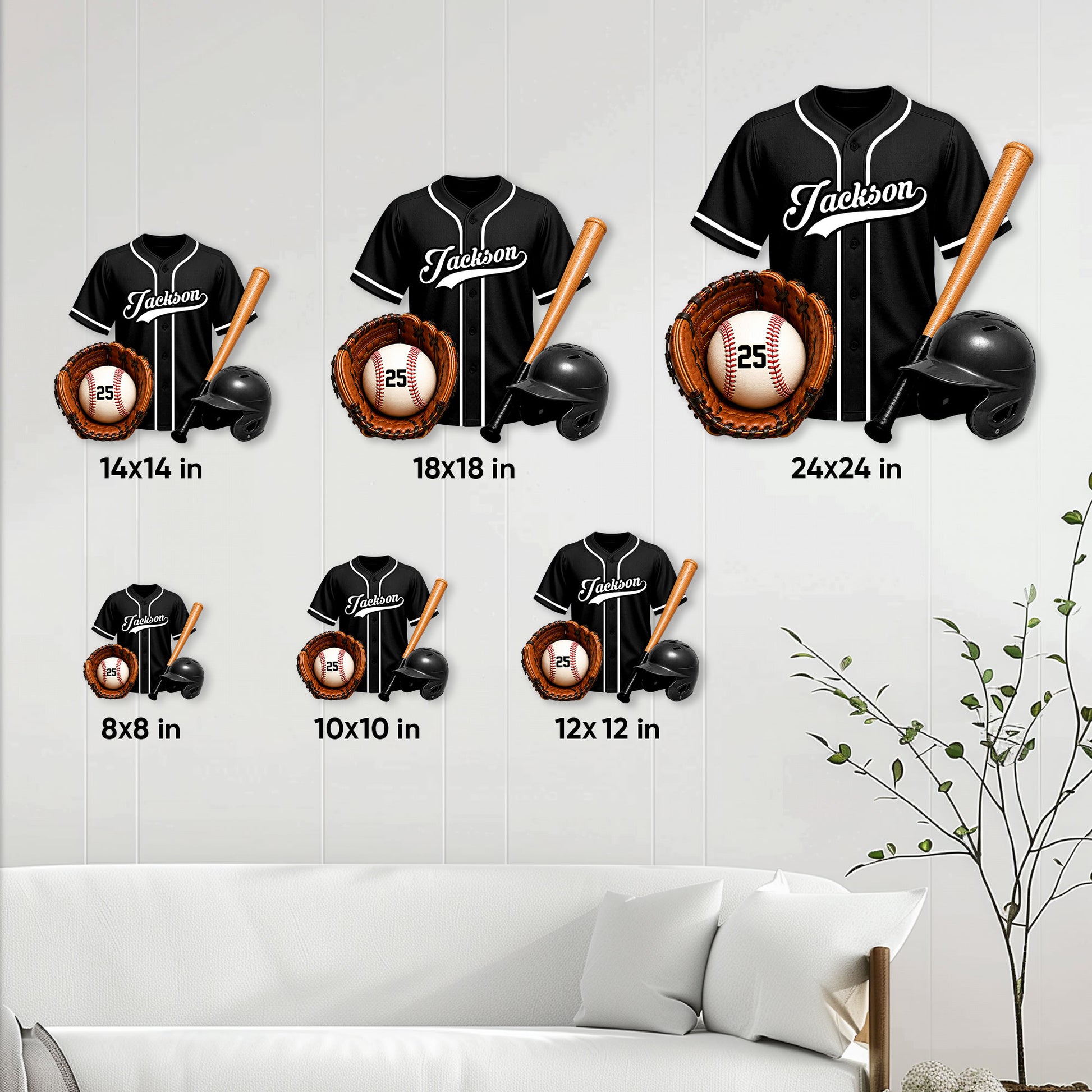Baseball metal sign size guide showing six available square sizes from 8x8 to 24x24 inches