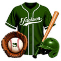 Green baseball metal sign featuring a jersey, glove, baseball, bat, and matching batting helmet