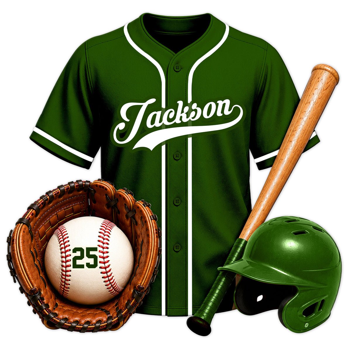 Green baseball metal sign featuring a jersey, glove, baseball, bat, and matching batting helmet