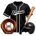 Close-up black baseball metal sign featuring a jersey, glove, baseball, bat, and batting helmet