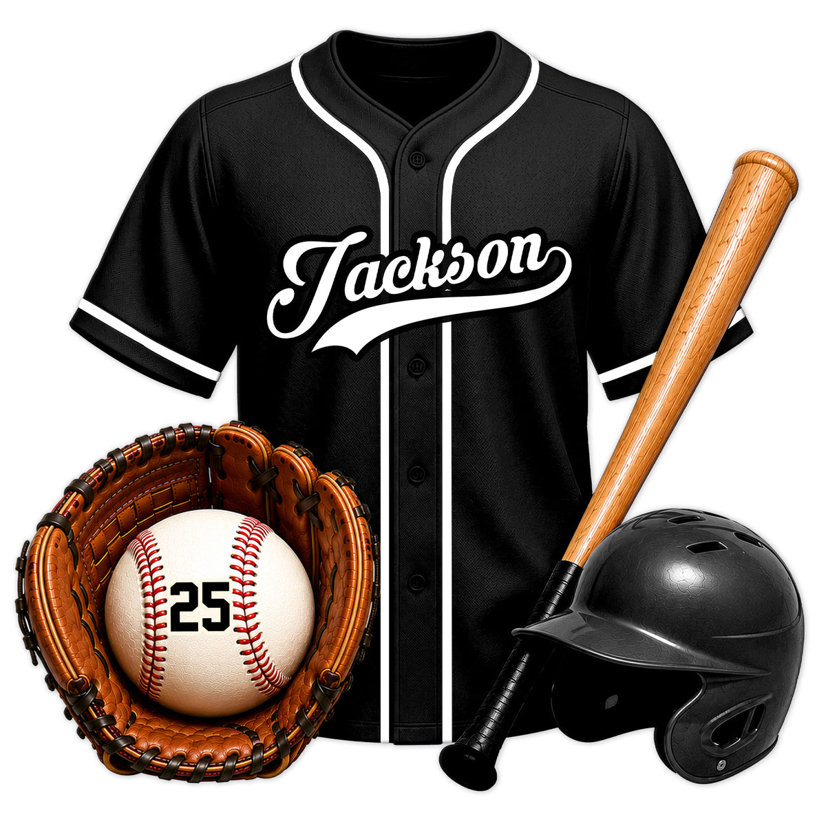 Close-up black baseball metal sign featuring a jersey, glove, baseball, bat, and batting helmet