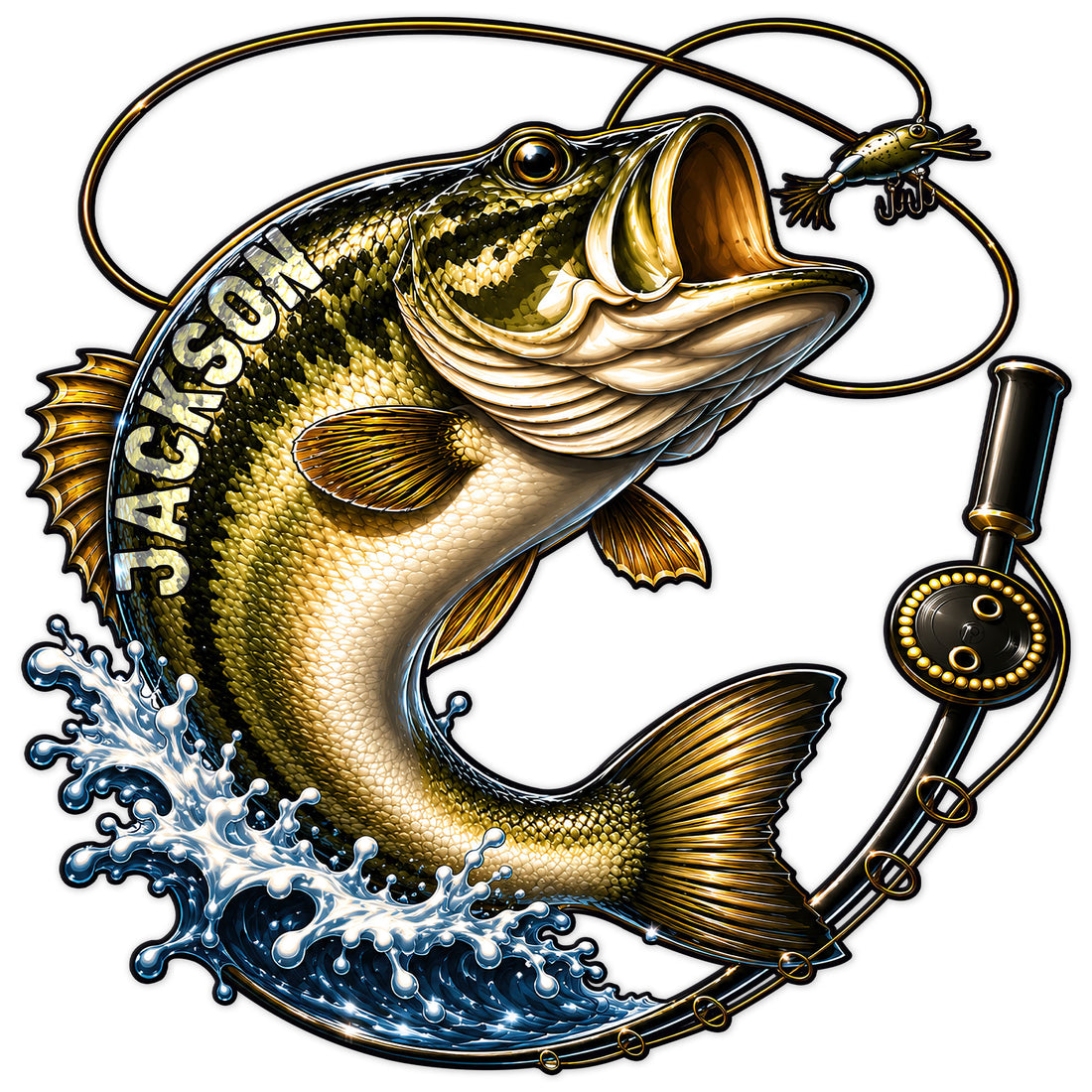 Custom bass fishing metal sign featuring a leaping largemouth bass, fishing line, lure, rod, and splashing waves