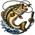 Custom bass fishing metal sign featuring a leaping largemouth bass, fishing line, lure, rod, and splashing waves