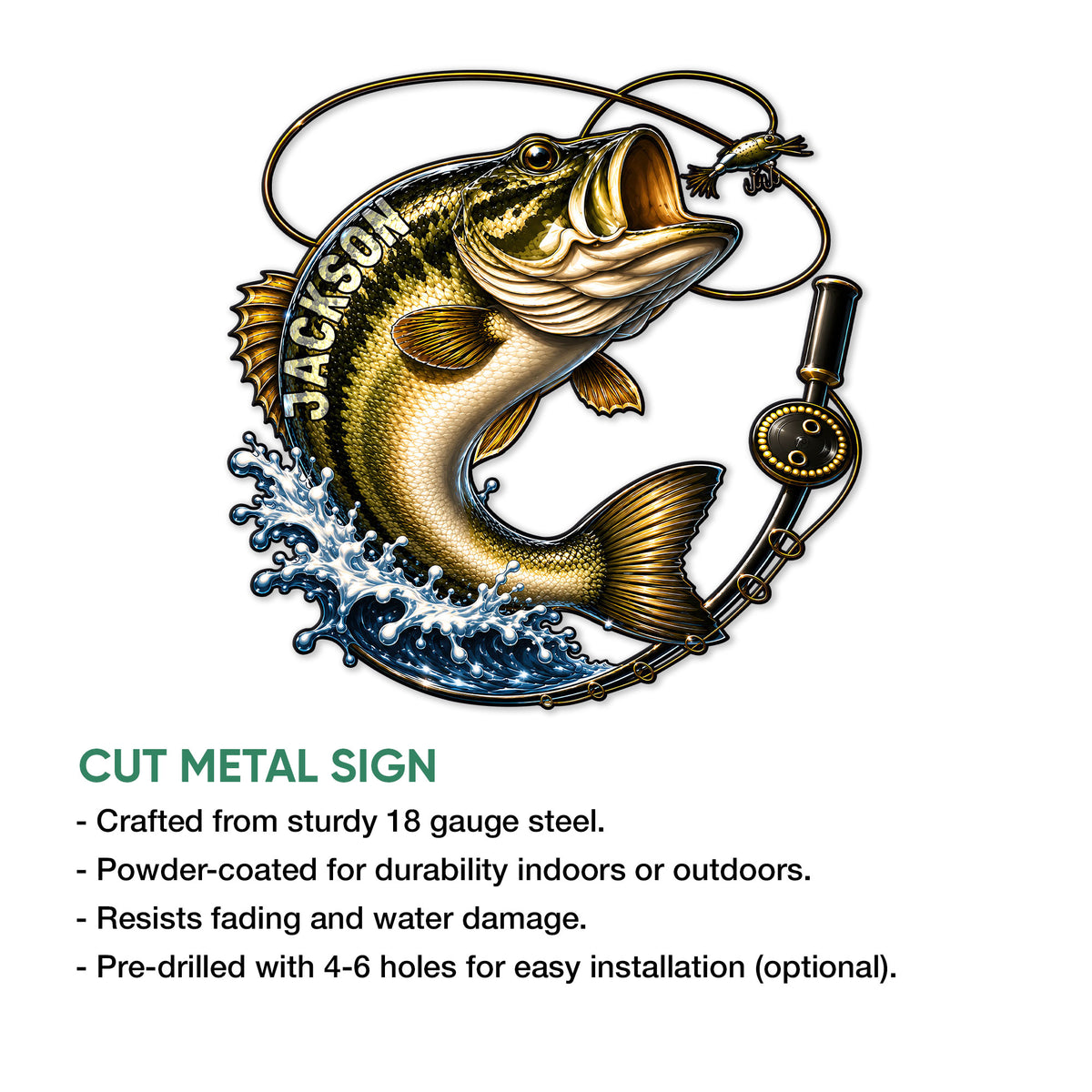 Bass fishing cut metal sign shown with a detailed largemouth bass, fishing tackle, and dynamic water spray