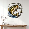 Bass fishing wall decor displayed above a console table, featuring a leaping fish and curling fishing line