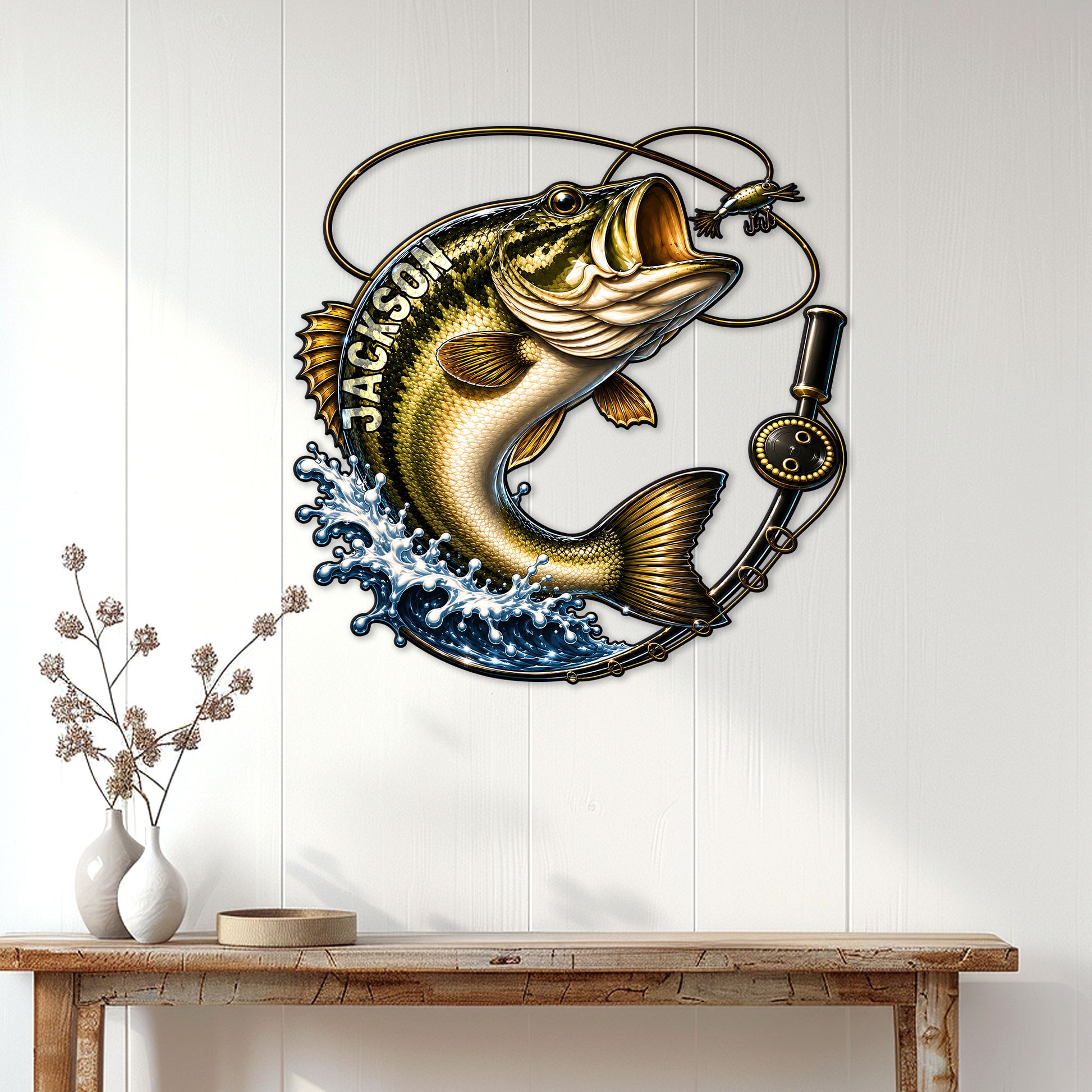 Bass fishing wall decor displayed above a console table, featuring a leaping fish and curling fishing line