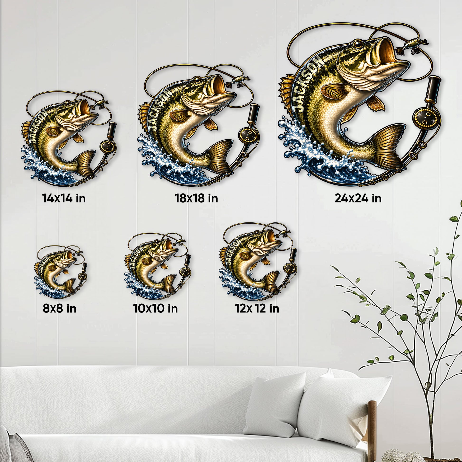 Bass fishing metal sign size guide showing available square sizes from 8x8 inches through 24x24 inches