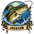 Custom bass fishing metal sign featuring a leaping largemouth bass, fishing lures, splashing water, and a lake scene