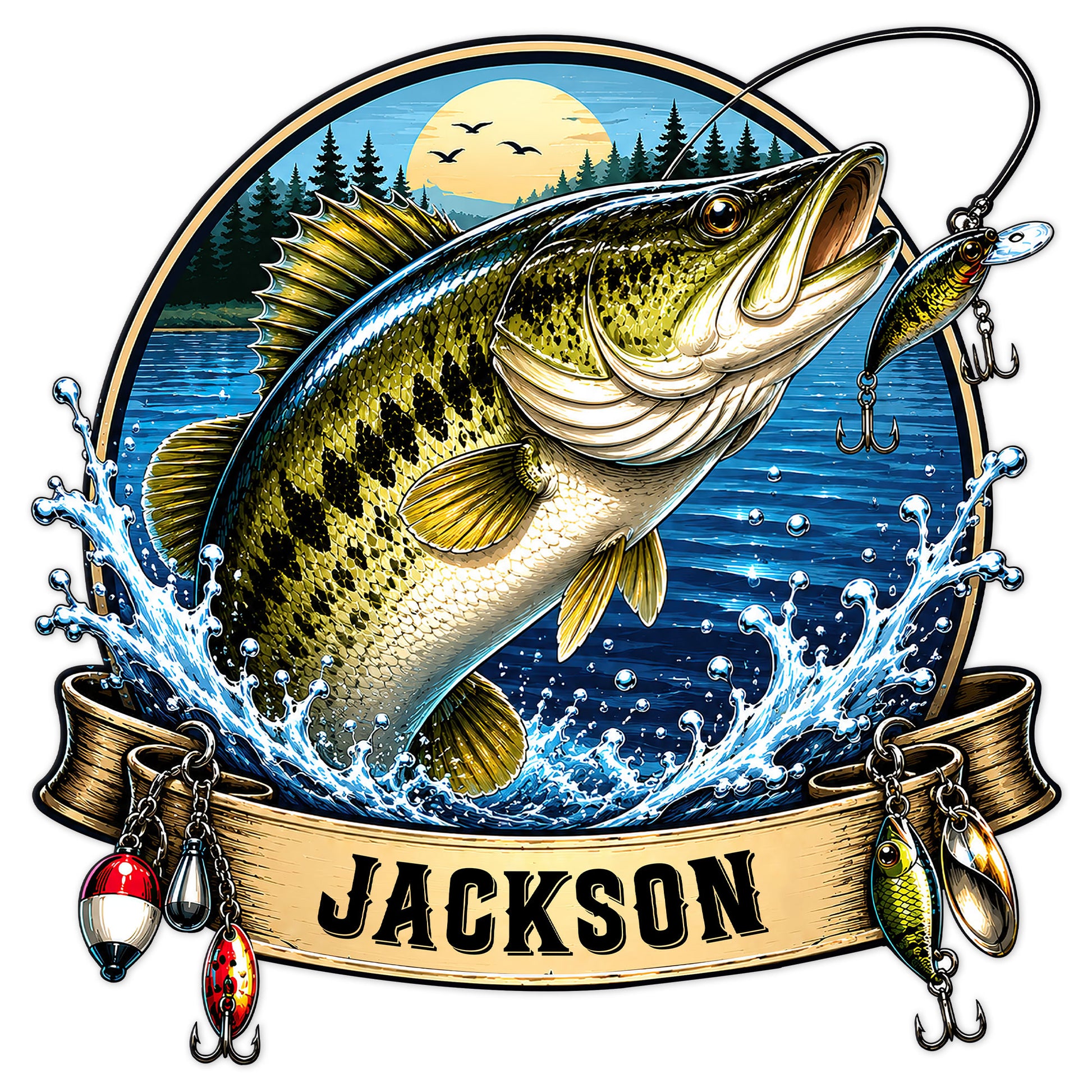 Custom bass fishing metal sign featuring a leaping largemouth bass, fishing lures, splashing water, and a lake scene
