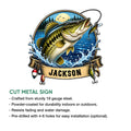 Bass fishing metal sign feature graphic showing the cut-steel design and indoor or outdoor display details