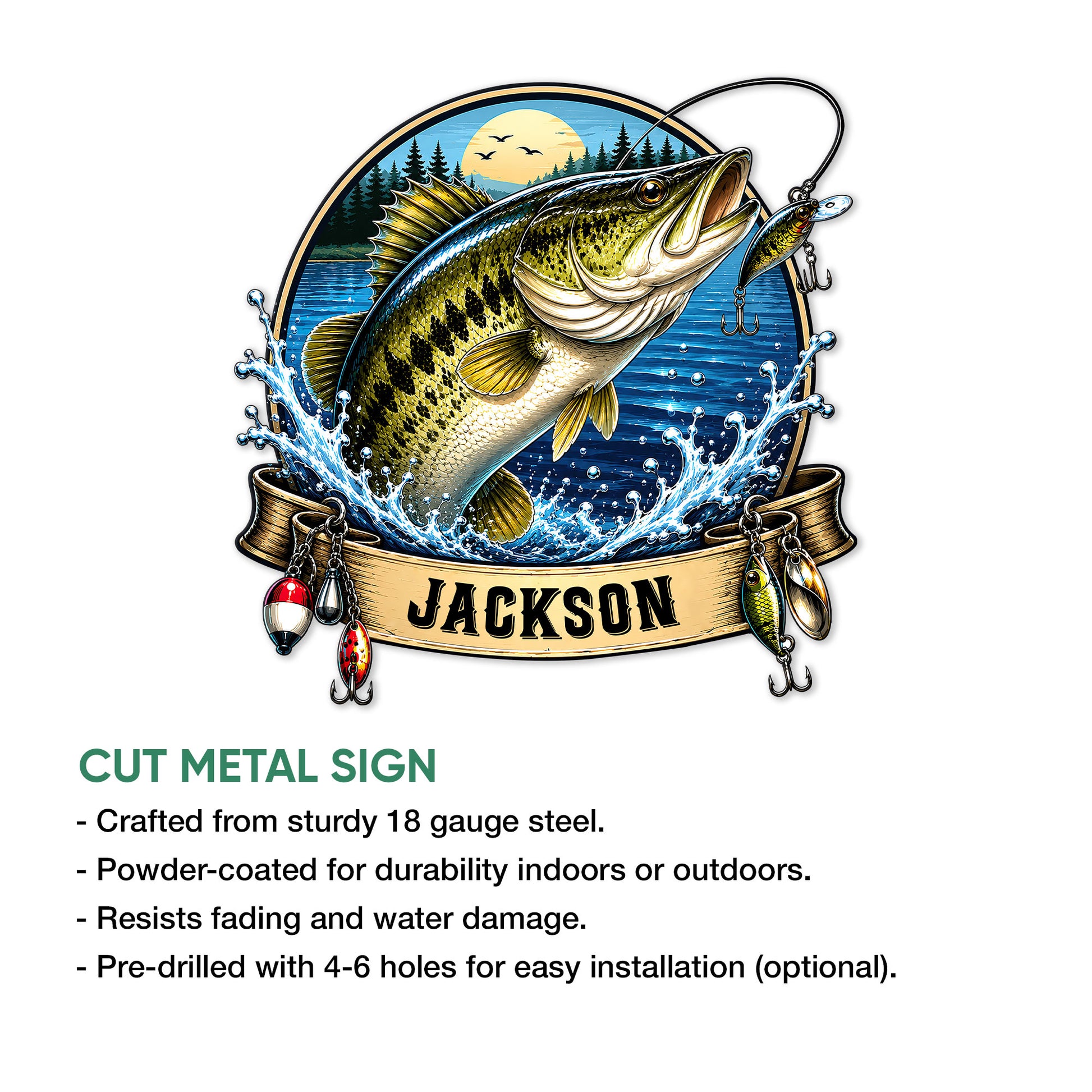 Bass fishing metal sign feature graphic showing the cut-steel design and indoor or outdoor display details