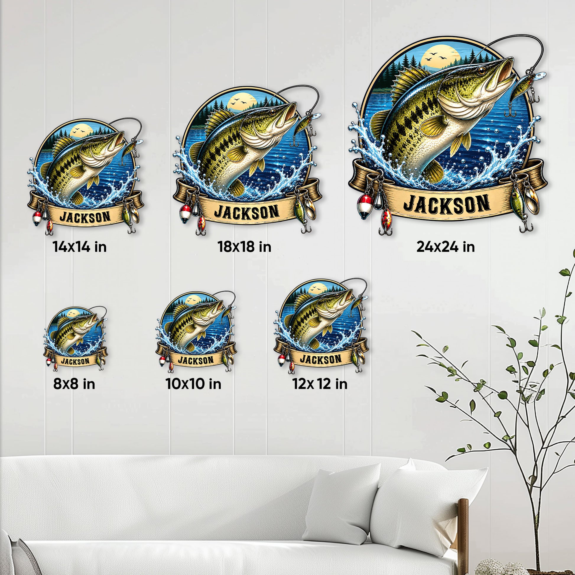 Bass fishing metal sign size guide showing available 8, 10, 12, 14, 18, and 24 inch options