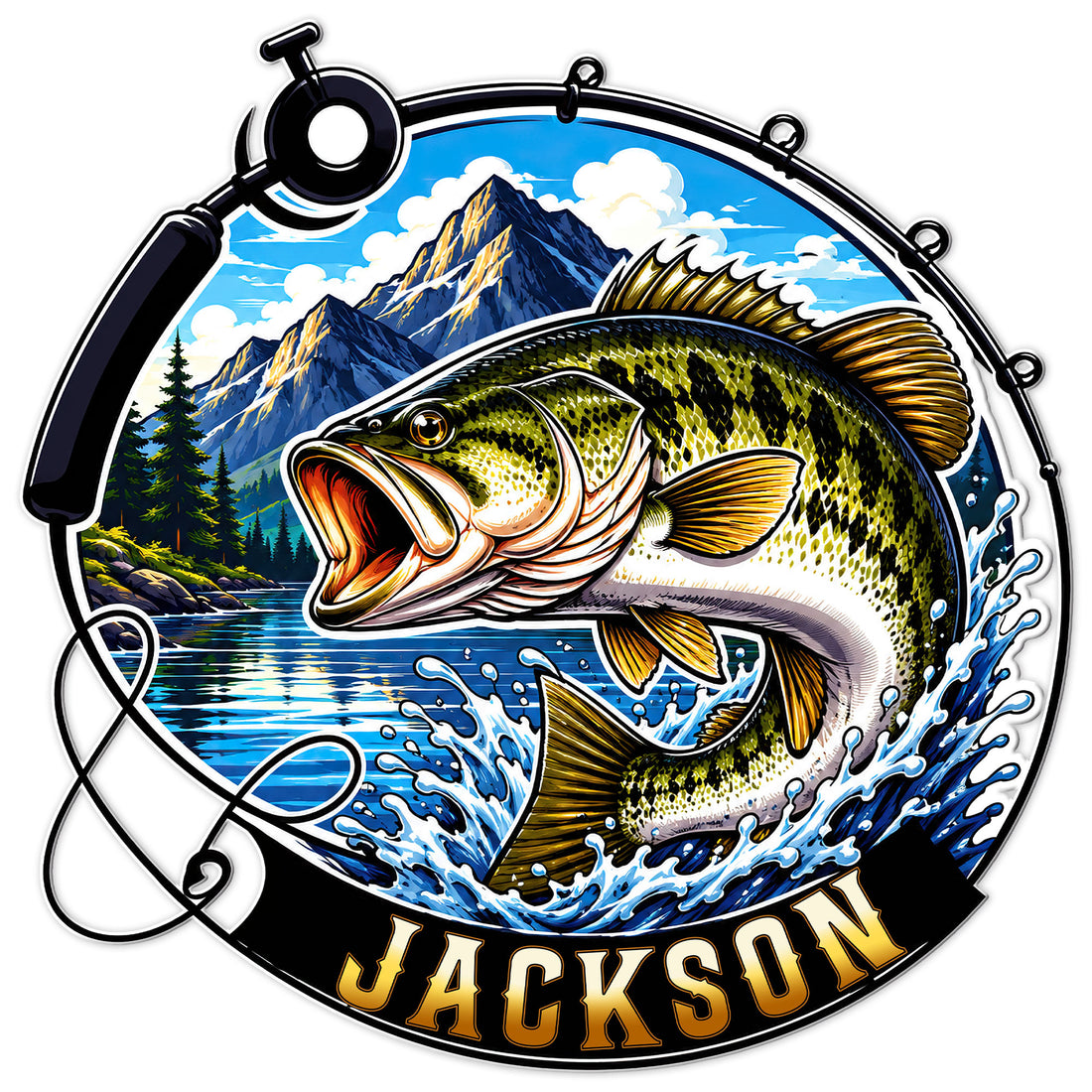 Bass fishing metal sign featuring a leaping largemouth bass, fishing rod, mountain lake, and splashing water