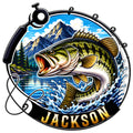 Bass fishing metal sign featuring a leaping largemouth bass, fishing rod, mountain lake, and splashing water