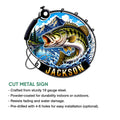 Bass fishing metal sign feature graphic highlighting cut-metal construction and hanging options