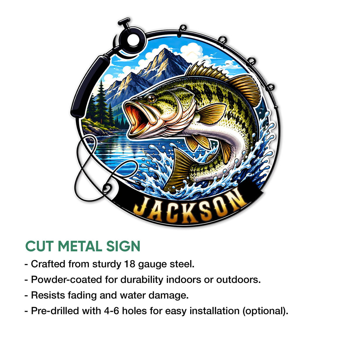 Bass fishing metal sign feature graphic highlighting cut-metal construction and hanging options