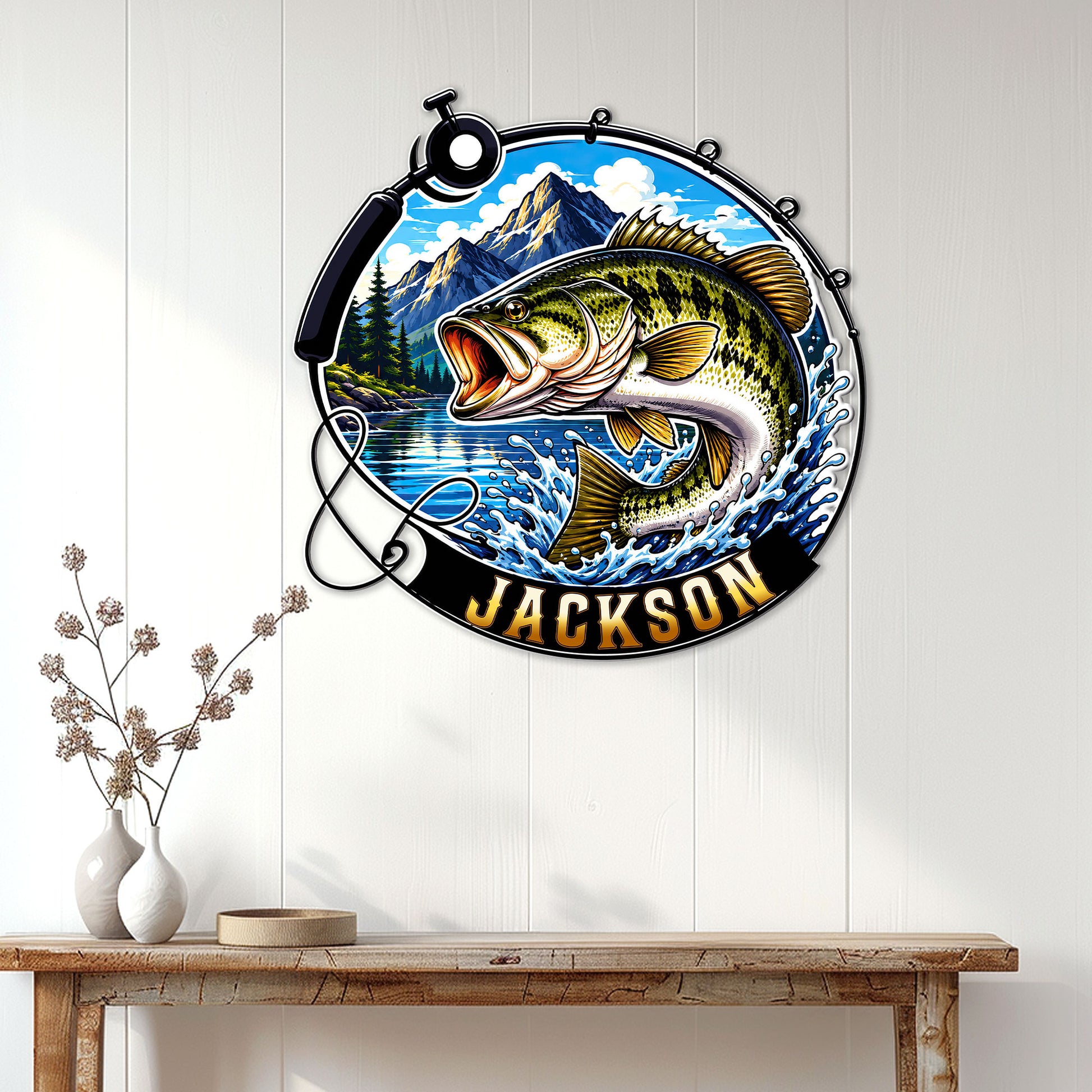 Bass fishing wall decor displayed on a white wood-paneled wall above a console table
