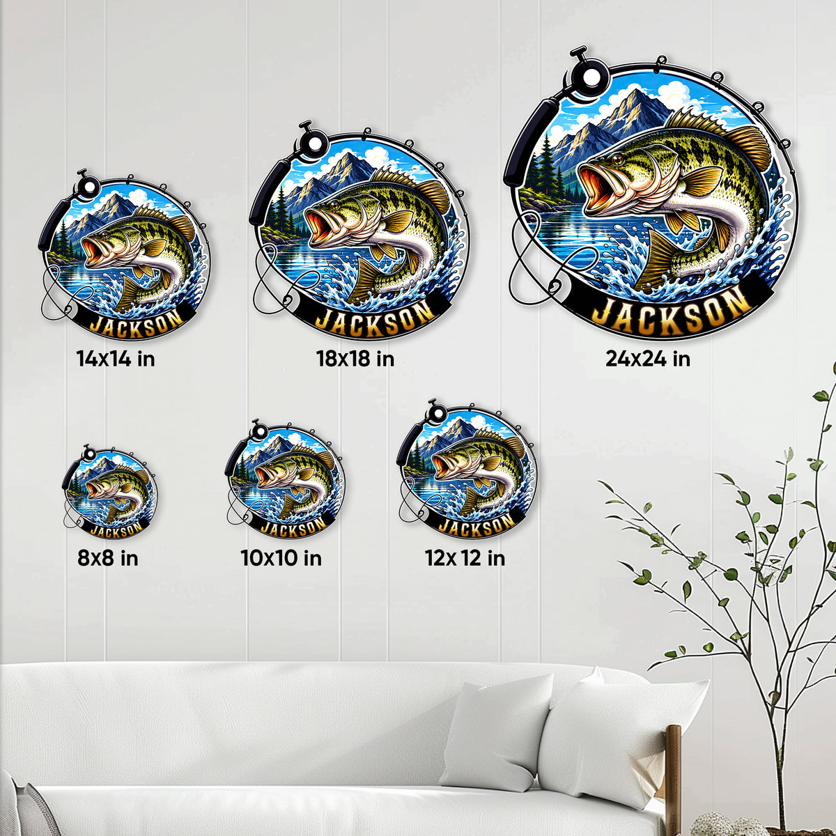 Bass fishing metal sign size guide showing 8, 10, 12, 14, 18, and 24 inch options