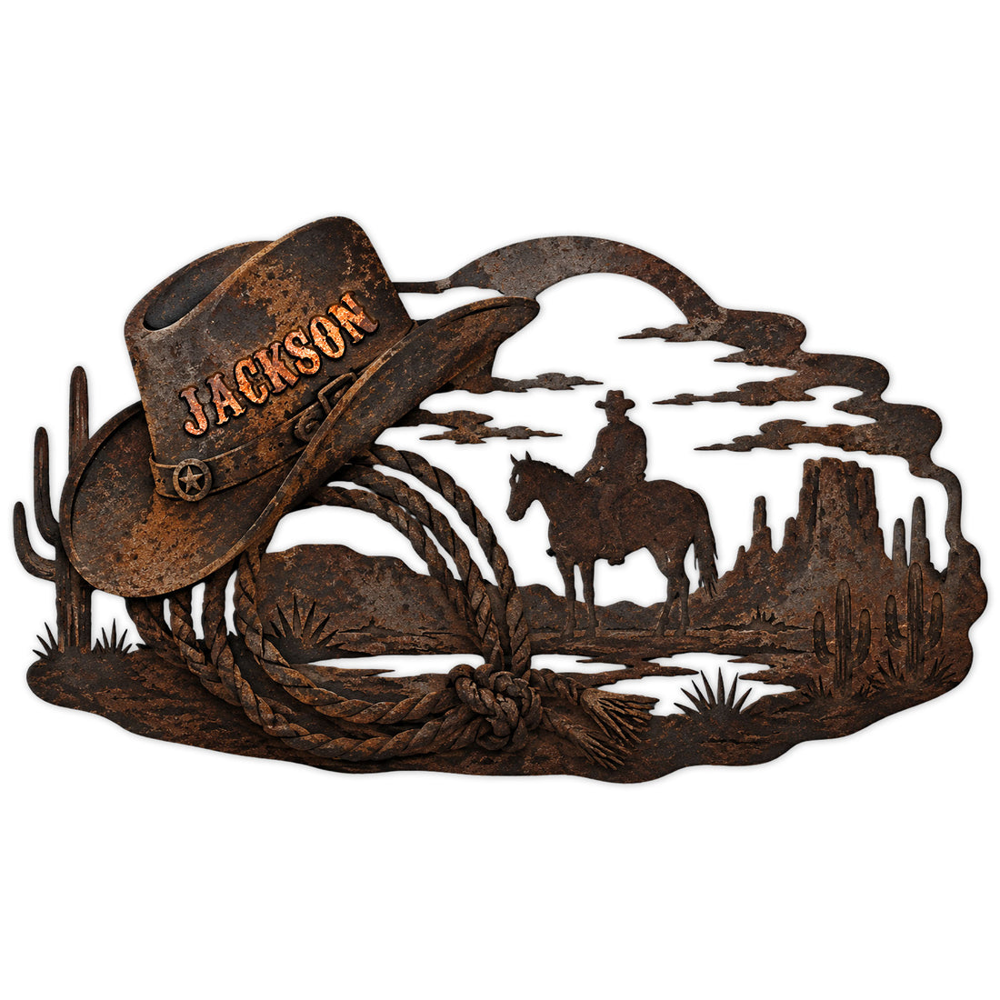 Custom cowboy metal sign featuring a western hat, horseback rider, desert landscape, cacti, and lasso detail