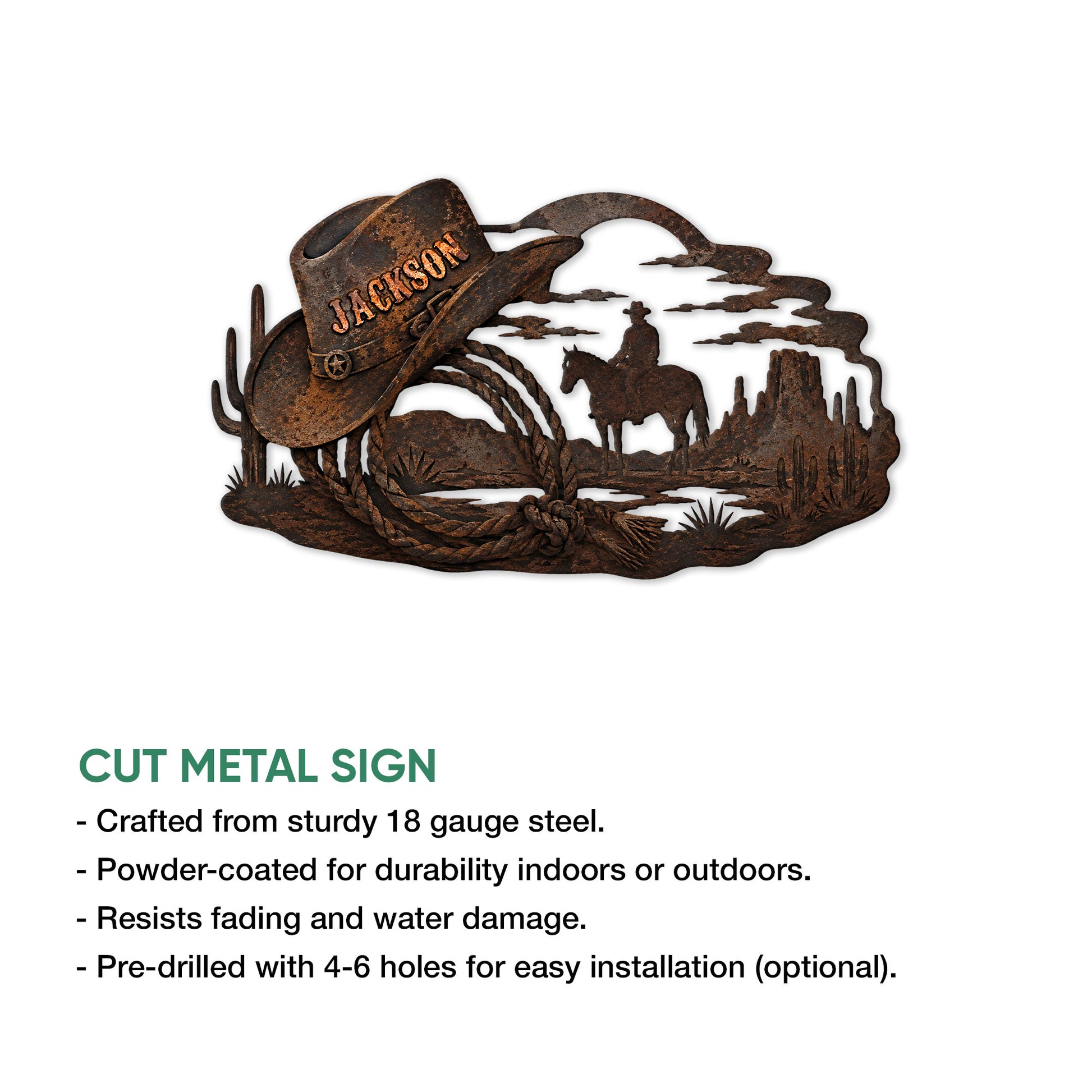 Western cowboy metal sign shown with a cut-metal design and indoor or outdoor display details