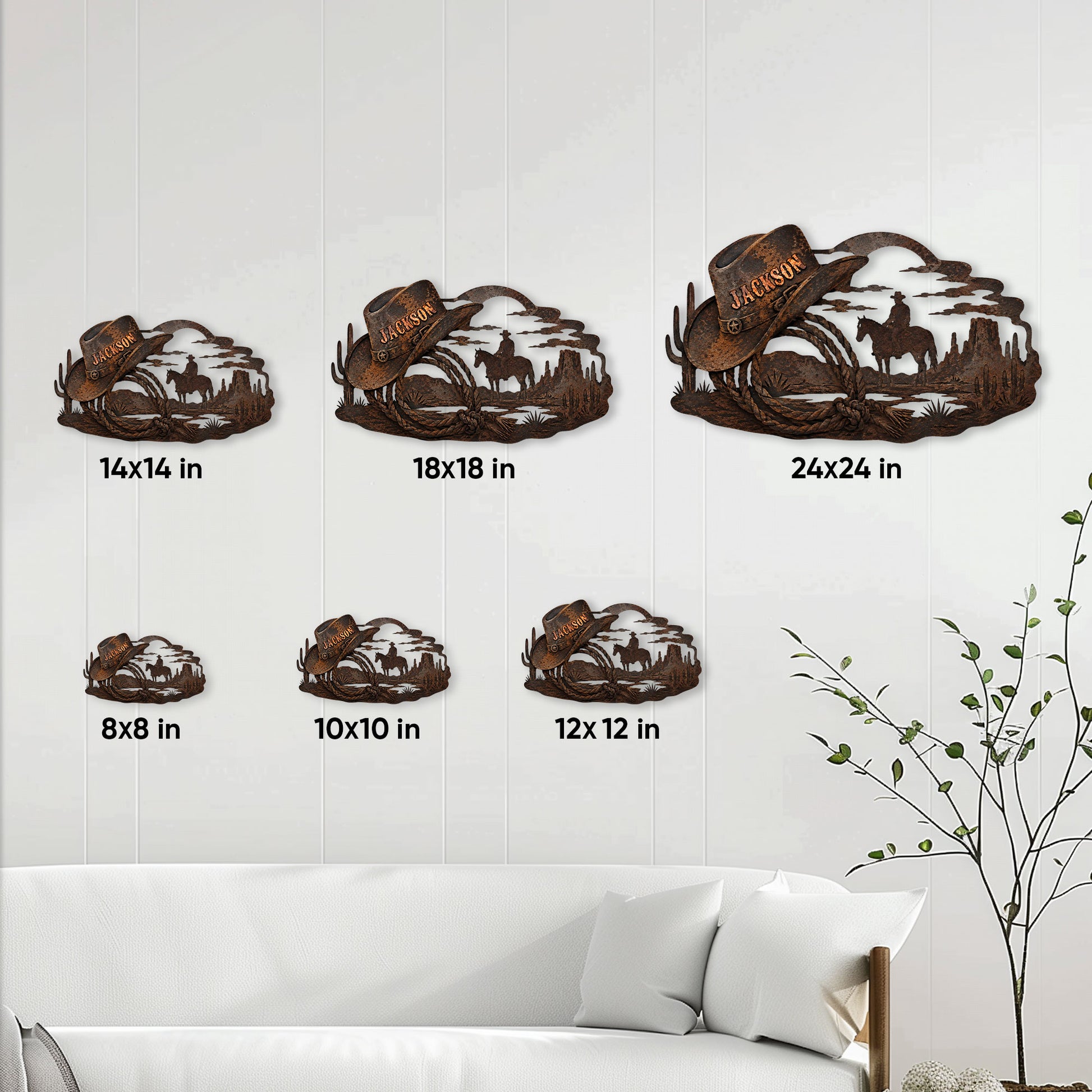 Cowboy metal sign size guide showing available 8, 10, 12, 14, 18, and 24 inch options