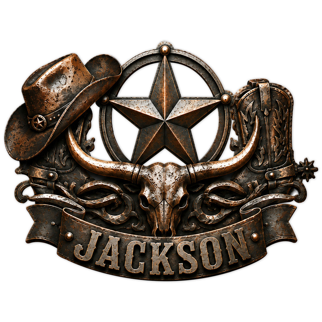 Custom cowboy metal sign featuring a weathered hat, western boots, bull skull, and sheriff star