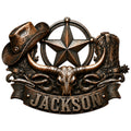 Custom cowboy metal sign featuring a weathered hat, western boots, bull skull, and sheriff star